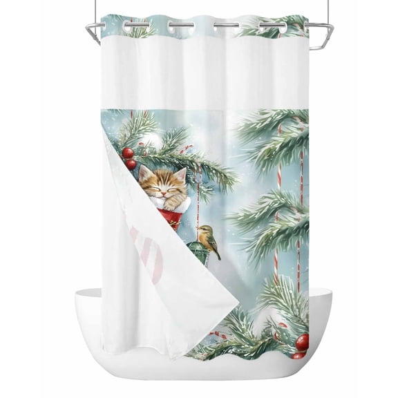 No Hook Shower Curtain with Snap in Liner,Cat Christmas Socks Watercolor Spruce Leaves Waterproof Bath Curtain Double Layers with See Through Top Window, Winter Snow Scene Shower Curtains 36x72in