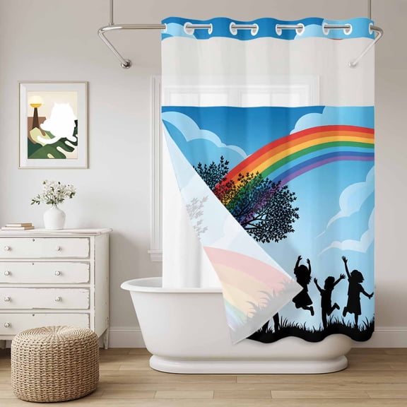 No Hook Shower Curtain with Snap in Liner, Children's Day Silhouettes Curtain Set See-Through Top Double Layers Sky Rainbow Trees Shower Curtains for Bathroom Decor, 60x72in