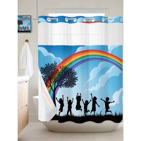 No Hook Shower Curtain with Snap in Liner, Children's Day Silhouettes Waterproof Bath Curtain Double Layers with See Through Top Window, Sky Rainbow Trees Hotel Shower Curtains 72x72in