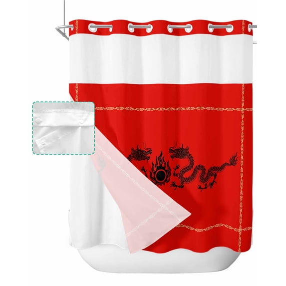 No Hook Shower Curtain with Snap in Liner, Chinese New Year Auspicious Totem Red Dragon Hotel Shower Curtains for Bathroom, Washable Shower Curtain Liner Set with Mesh Top Window, 66"x72"