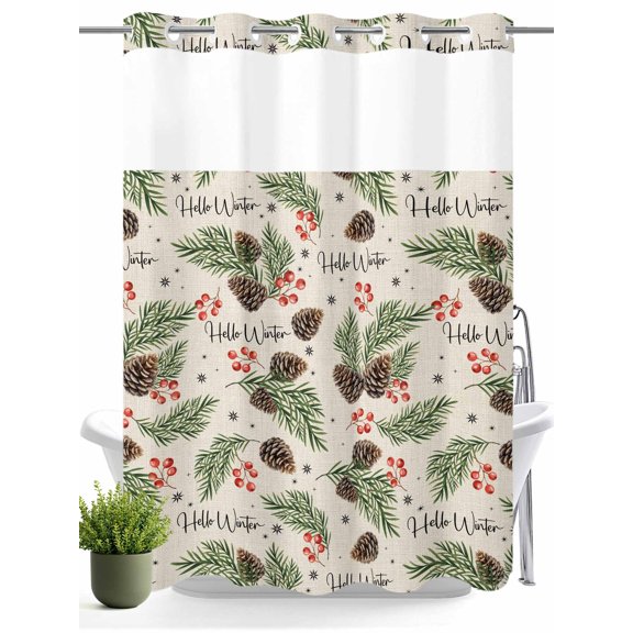 No Hook Shower Curtain with Snap in Liner,Christmas Berry Pine Cone Waterproof Bath Curtain Double Layers with See Through Top Window,Winter Spruce Leaf Retro Linen Hotel Shower Curtains 60x72in