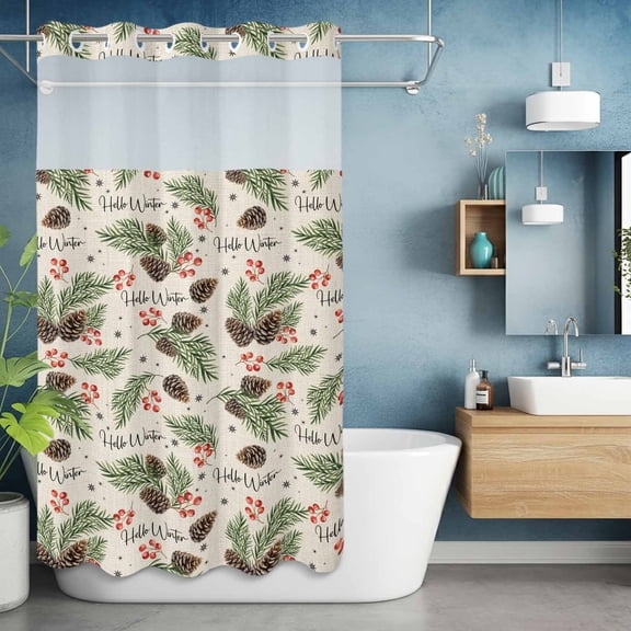 No Hook Shower Curtain with Snap in Liner, Christmas Berry Pine Cone Waterproof Fabric Bathroom Curtain Mesh Top Window, Winter Spruce Leaf Retro Linen Shower Curtains 36x72in