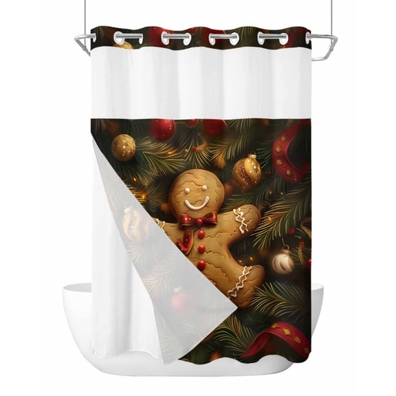 No Hook Shower Curtain with Snap in Liner,Christmas Funny Biscuit Pine Tree Branches Waterproof Bath Curtain Double Layers with See Through Top Window, Xmas Balls Hotel Shower Curtains 60x72in