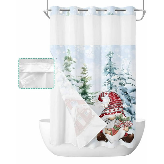 No Hook Shower Curtain with Snap in Liner, Christmas Gnome Elf Candy Socks Hotel Shower Curtains for Bathroom, Washable Shower Curtain Liner Set with Mesh Top Window, 54"x78"