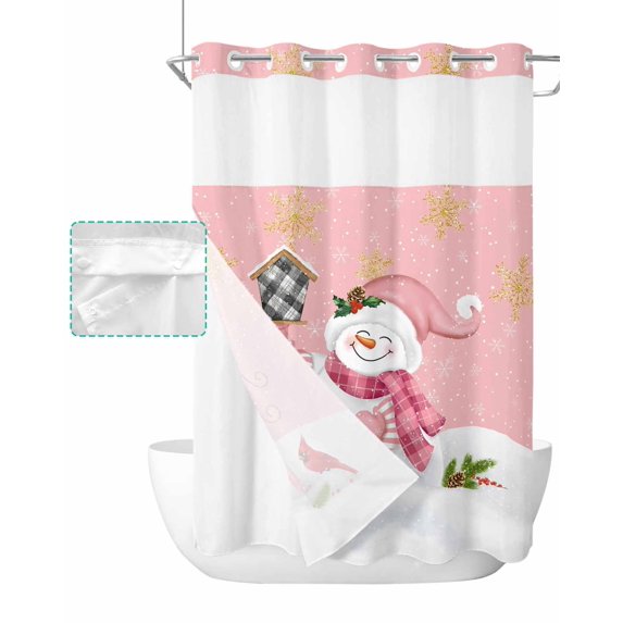 No Hook Shower Curtain with Snap in Liner, Christmas Pink Snowman Holding A Robin Birdhouse Winter Snowflakes Shower Curtains for Bathroom, Washable Inner Liner with Mesh Top Window, 48"x72"