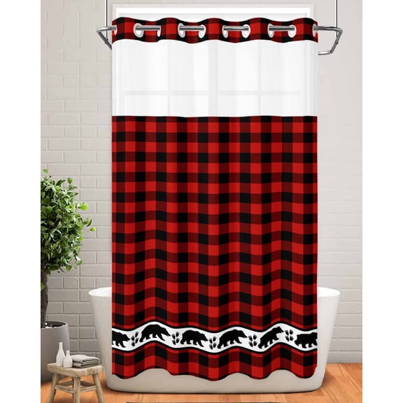 No Hook Shower Curtain with Snap in Liner,Christmas Red Black Buffalo Checker Waterproof Bath Curtain Double Layers with See Through Top Window,Bear Shadow Animal Footprints Shower Curtains 36x72in