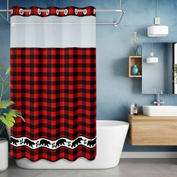 No Hook Shower Curtain with Snap in Liner, Christmas Red Black Buffalo Checker Waterproof Fabric Bathroom Curtain Mesh Top Window, Bear Shadow Animal Footprints Shower Curtains 36x72in