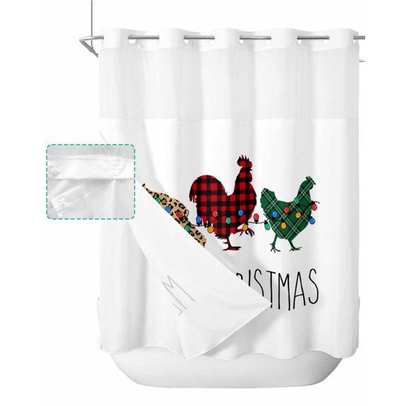 No Hook Shower Curtain with Snap in Liner, Christmas Red Green Buffalo Plaid Leopard Hens and Cocks Shower Curtains for Bathroom, Washable Shower Curtain Liner Set with Mesh Top Window, 72"x72"