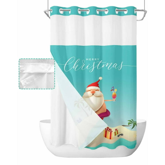 No Hook Shower Curtain with Snap in Liner, Christmas Santa Claus on Summer Beach Hotel Shower Curtains for Bathroom, Washable Shower Curtain Liner Set with Mesh Top Window, 36"x78"