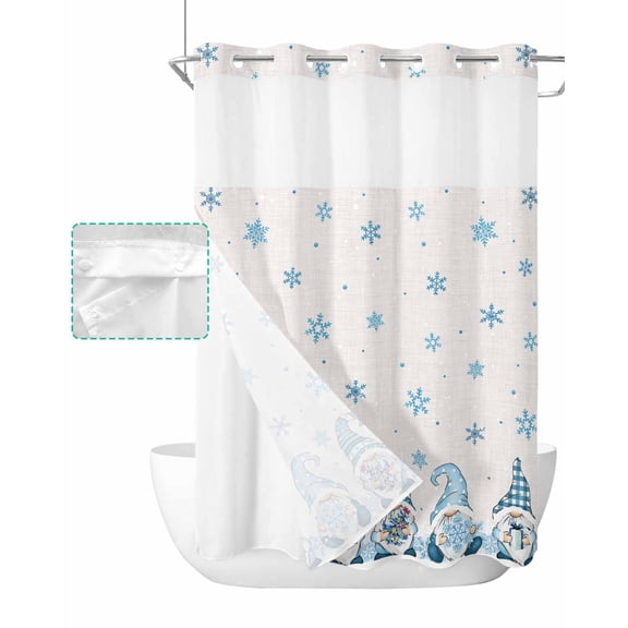 No Hook Shower Curtain with Snap in Liner, Christmas Snowflake Dwarf Elf Gift Hotel Shower Curtains for Bathroom, Washable Shower Curtain Liner Set with Mesh Top Window, 48"x72"