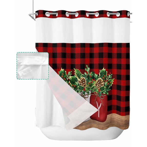 No Hook Shower Curtain with Snap in Liner, Christmas Vase with Holly Tree Berry Red Black Plaid Hotel Shower Curtains for Bathroom, Washable Shower Curtain Liner Set with Mesh Top Window, 66"x72"