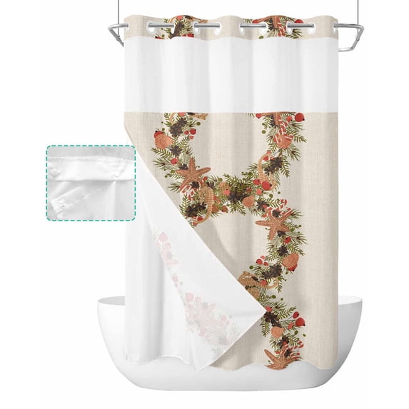 No Hook Shower Curtain with Snap in Liner, Christmas Wreath Beige Seahorse Starfish Hotel Shower Curtains for Bathroom, Washable Shower Curtain Liner Set with Mesh Top Window, 36"x78"
