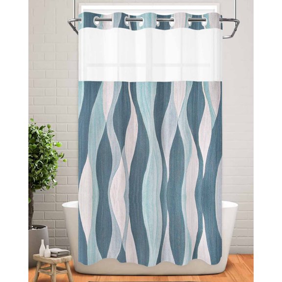 No Hook Shower Curtain with Snap in Liner,Classic Gradient Ripple Waterproof Bath Curtain Double Layers with See Through Top Window,Abstract Retro Geometric Stripe Hotel Shower Curtains 36x72in