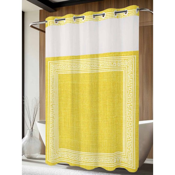 No Hook Shower Curtain with Snap in Liner, Classic Greek Geometric Key Pattern Waterproof Fabric Bathroom Curtain Mesh Top Window, Retro Linen Yellow Shower Curtains 60x72in
