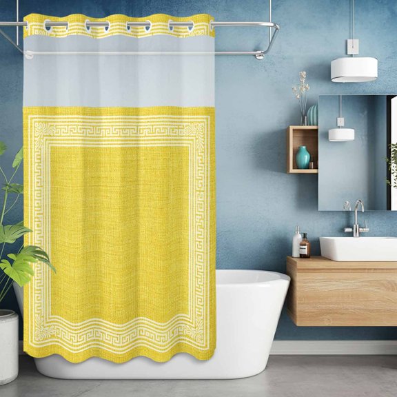 No Hook Shower Curtain with Snap in Liner, Classic Greek Geometric Key Pattern Waterproof Fabric Bathroom Curtain Mesh Top Window, Retro Linen Yellow Shower Curtains 36x72in