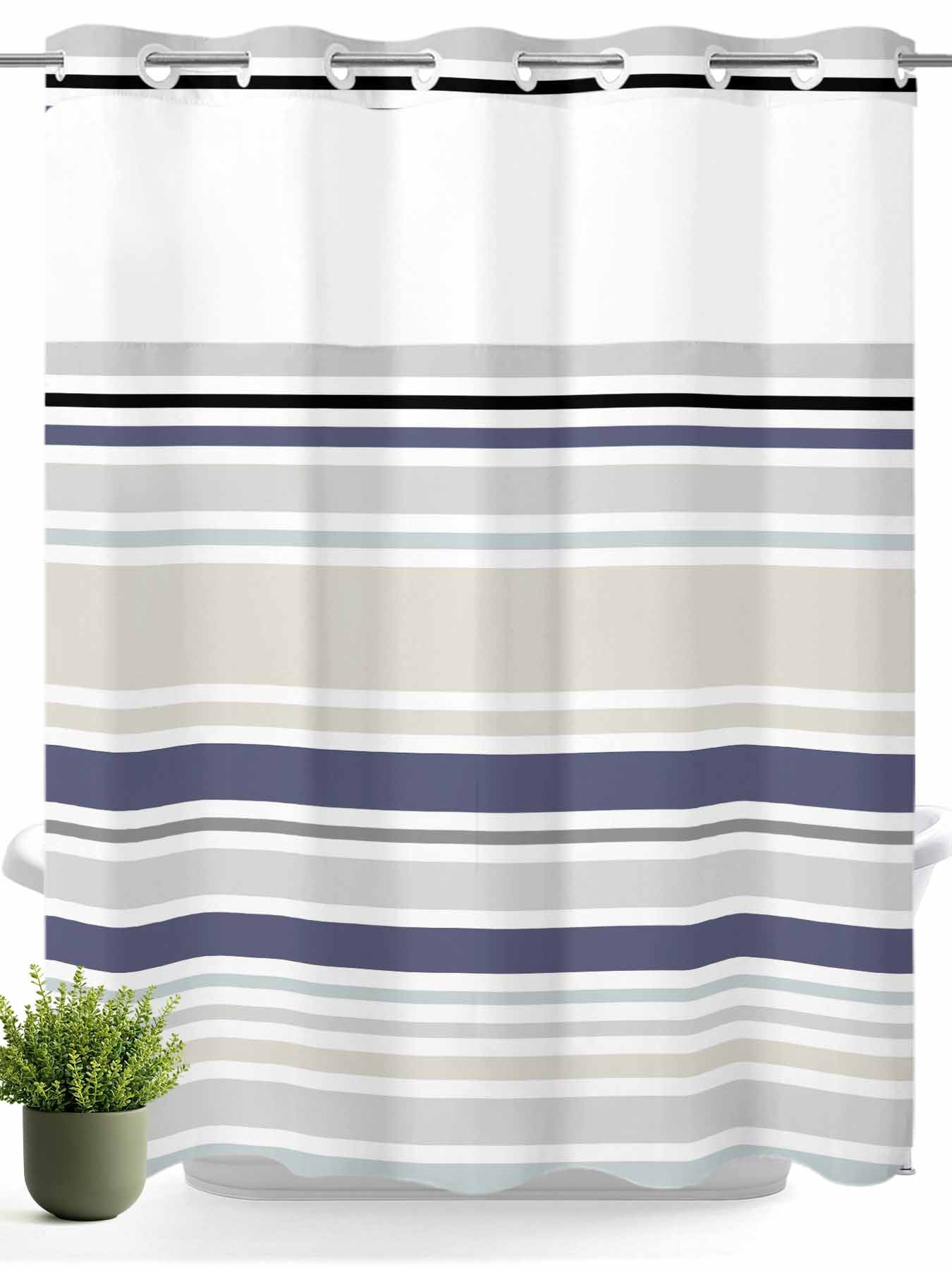 No Hook Shower Curtain with Snap in Liner,Classic Stripes Retro Waterproof Bath Curtain Double Layers with See Through Top Window,Blue Beige White Hotel Shower Curtains 72x72in