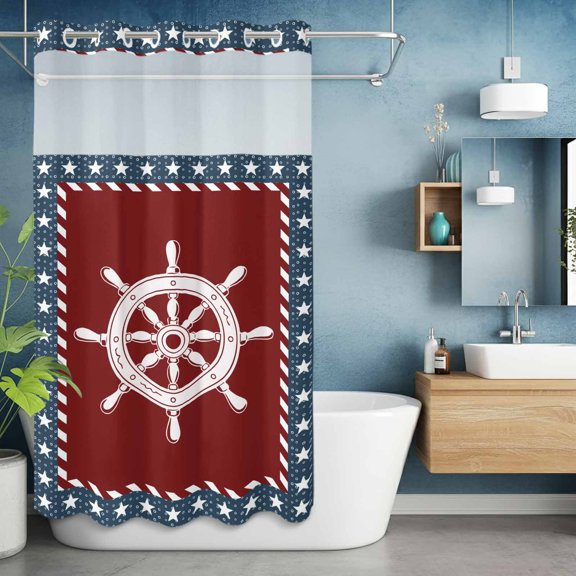 No Hook Shower Curtain with Snap in Liner, Coastal Compass 4th of July Waterproof Bath Curtain Double Layers with See Through Top Window, American Flag Star Ocean Theme Hotel Shower Curtains 36x72in