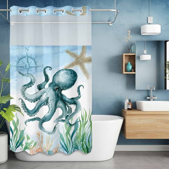 No Hook Shower Curtain with Snap in Liner, Coastal Ocean Octopus Sea Monster Waterproof Fabric Bathroom Curtain Mesh Top Window, Blue Marine Life Shower Curtains 36x72in