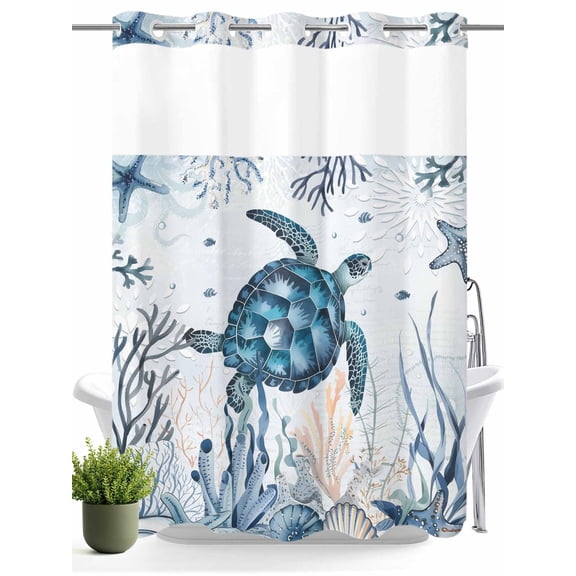 No Hook Shower Curtain with Snap in Liner,Coastal Ocean Turtle Coral Shell Waterproof Bath Curtain Double Layers with See Through Top Window,Nautical Marine Life Starfish Shower Curtains 60x72in