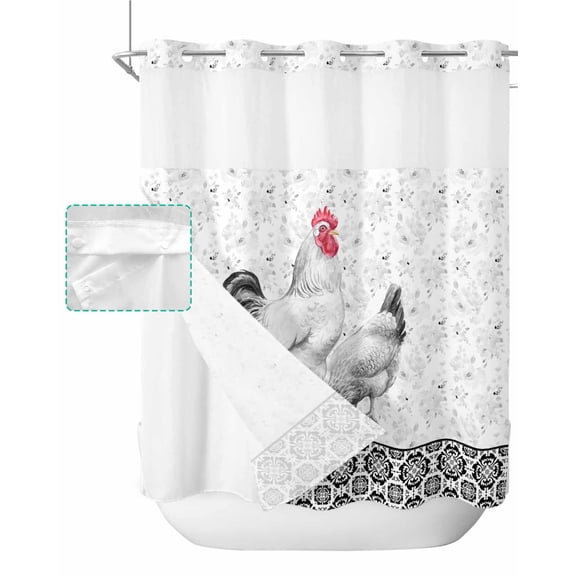 No Hook Shower Curtain with Snap in Liner, Cocks and Hens Vintage Farmhouse Black and White Geometric Shower Curtains for Bathroom, Washable Shower Curtain Liner Set with Mesh Top Window, 72”x78”