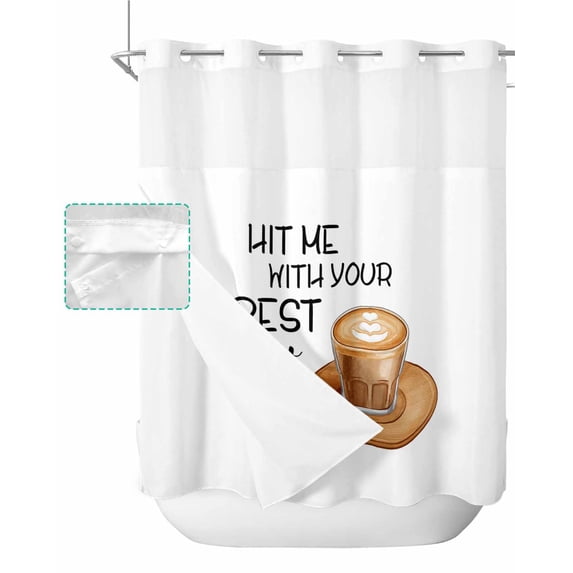 No Hook Shower Curtain with Snap in Liner, Coffee Cappuccino Pattern Hotel Shower Curtains for Bathroom, Washable Shower Curtain Liner Set with Mesh Top Window, 66"x72"
