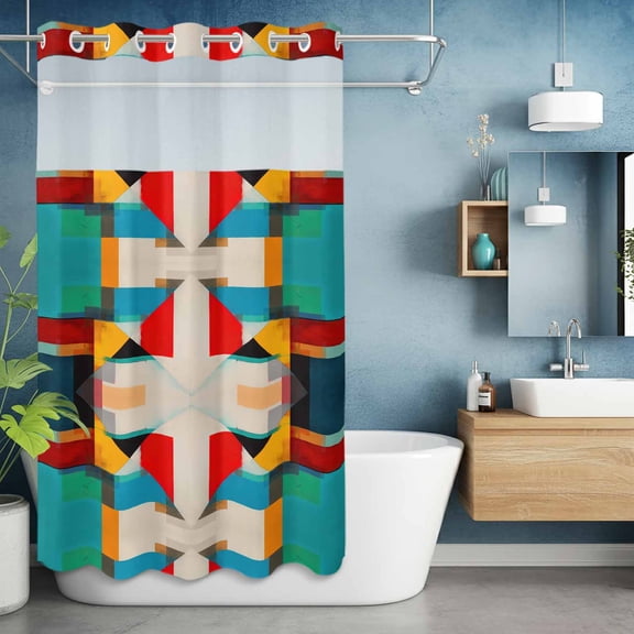 No Hook Shower Curtain with Snap in Liner, Color Block Overlay Colorful Waterproof Fabric Bathroom Curtain Mesh Top Window, Modern Minimalist Abstract Art Color Shower Curtains 36x72in