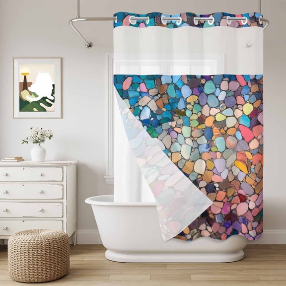 No Hook Shower Curtain with Snap in Liner, Colorful Abstract Pebble Stone Curtain Set See-Through Top Double Layers Retro Tiles Mosaic Pattern Shower Curtains for Bathroom Decor, 60x72in