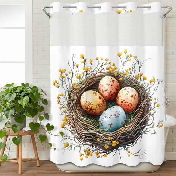 No Hook Shower Curtain with Snap in Liner, Colorful Easter Egg Nest Yellow Flower Waterproof Bath Curtain Double Layers with See Through Top Window, Spring Botanical Hotel Shower Curtains 48x72in