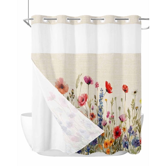 No Hook Shower Curtain with Snap in Liner Colorful Poppy Shower Curtain -Fabric Waterproof Inner Liner, Watercolor Floral Retro Linen Shower Curtains Washable 72"x72"