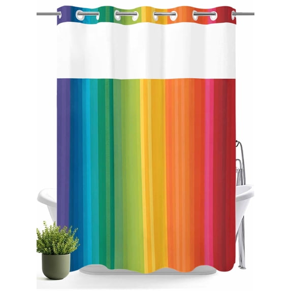 No Hook Shower Curtain with Snap in Liner,Colorful Stripes Rainbow Waterproof Bath Curtain Double Layers with See Through Top Window,Watercolor Line Minimalist Geometric Hotel Shower Curtains 60x72in
