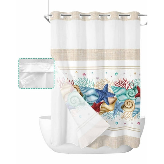 No Hook Shower Curtain with Snap in Liner, Cotton Linen Summer Ocean Shell Starfish Pattern Hotel Shower Curtains for Bathroom, Washable Shower Curtain Liner Set with Mesh Top Window, 72"x84"
