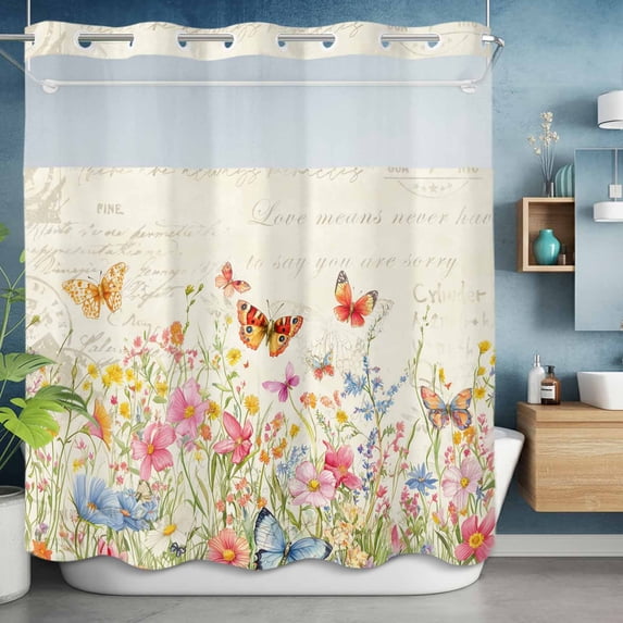 No Hook Shower Curtain with Snap in Liner, Country Butterfly Spring Watercolor Flower Waterproof Fabric Bathroom Curtain Mesh Top Window, Green Plant Retro Stamp Shower Curtains 72x72in