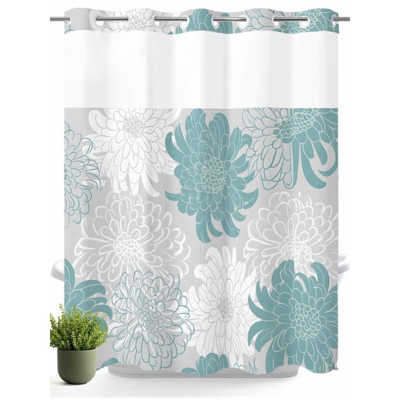 No Hook Shower Curtain with Snap in Liner,Country Dahlia Teal Flower Waterproof Bath Curtain Double Layers with See Through Top Window,Abstract Floral on Grey Hotel Shower Curtains 72x72in