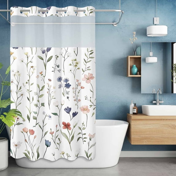 No Hook Shower Curtain with Snap in Liner, Country Farm Plant Flowers Waterproof Bath Curtain Double Layers with See Through Top Window, Pastoral Floral Leaves Hotel Shower Curtains 36x72in