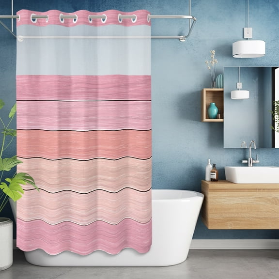 No Hook Shower Curtain with Snap in Liner, Country Pink Gradient Wood Board Waterproof Bath Curtain Double Layers with See Through Top Window, Rustic Wooden Stripe Hotel Shower Curtains 36x72in