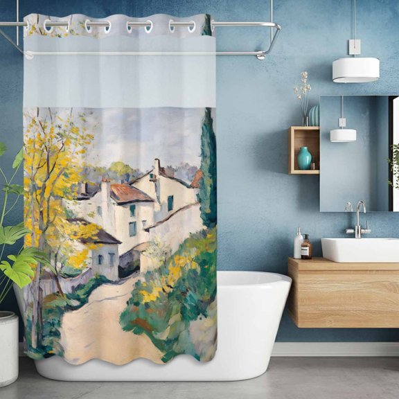 No Hook Shower Curtain with Snap in Liner, Country Road Mediterranean Villas Waterproof Fabric Bathroom Curtain Mesh Top Window, Cypress Trees Shower Curtains 36x72in