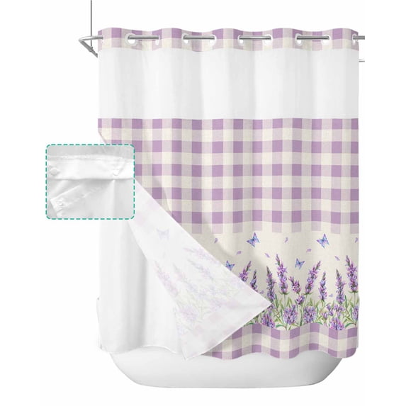 No Hook Shower Curtain with Snap in Liner, Country Style Lavender Butterfly Retro Purple Plaid Hotel Shower Curtains for Bathroom, Washable Shower Curtain Liner Set with Mesh Top Window, 66"x72"