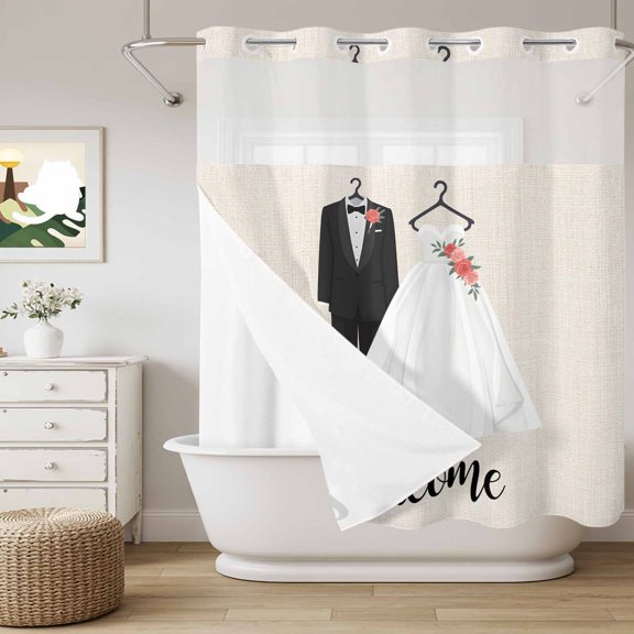 No Hook Shower Curtain with Snap in Liner, Couple Wedding Dress Curtain Set See-Through Top Double Layers Modern Simple Romantic Art Shower Curtains for Bathroom Decor, 72x72in
