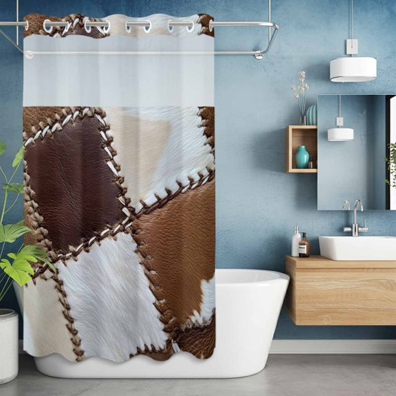 No Hook Shower Curtain with Snap in Liner, Cowhide Leather Animal Skin Texture Waterproof Bath Curtain Double Layers with See Through Top Window, Abstract Collage Art Hotel Shower Curtains 36x72in