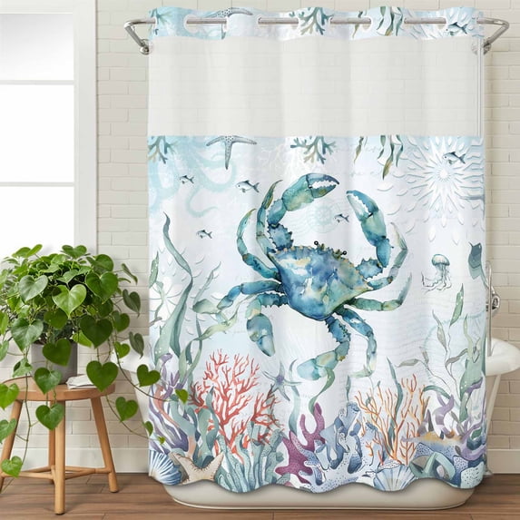 No Hook Shower Curtain with Snap in Liner, Crab Summer Sea Nautical Coastal Coral Waterproof Fabric Bathroom Curtain Mesh Top Window, Ocean Life Retro Letter Shower Curtains 48x72in