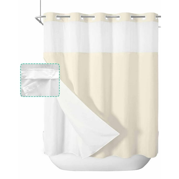 No Hook Shower Curtain with Snap in Liner, Cream Solid Color Hotel Shower Curtains for Bathroom, Washable Shower Curtain Liner Set with Mesh Top Window, 72”x78”