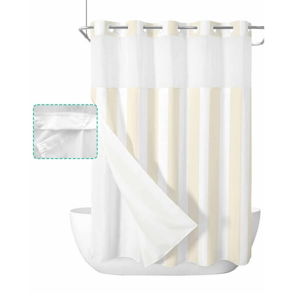 No Hook Shower Curtain with Snap in Liner, Cream and White Striped Geometric Hotel Shower Curtains for Bathroom, Washable Shower Curtain Liner Set with Mesh Top Window, 60"x72"