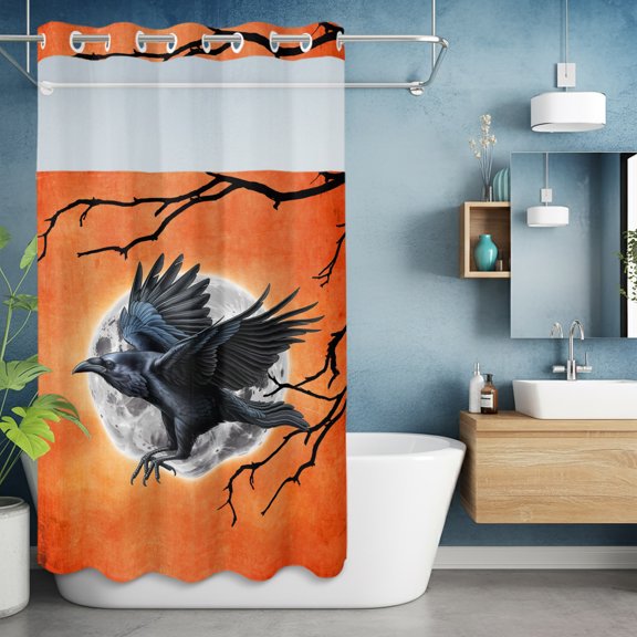No Hook Shower Curtain with Snap in Liner, Crow Halloween Horror Dead Branch Waterproof Bath Curtain Double Layers with See Through Top Window, Moon Orange Gradient Back Shower Curtains 36x72in