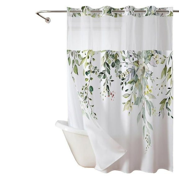 No Hook Shower Curtain with Snap in Liner - Curtain Double Layer Bathroom Fabric Waterproof Inner Liner, Built in Removable Snap in Liner Waterproof Shower Shade for Bathroom