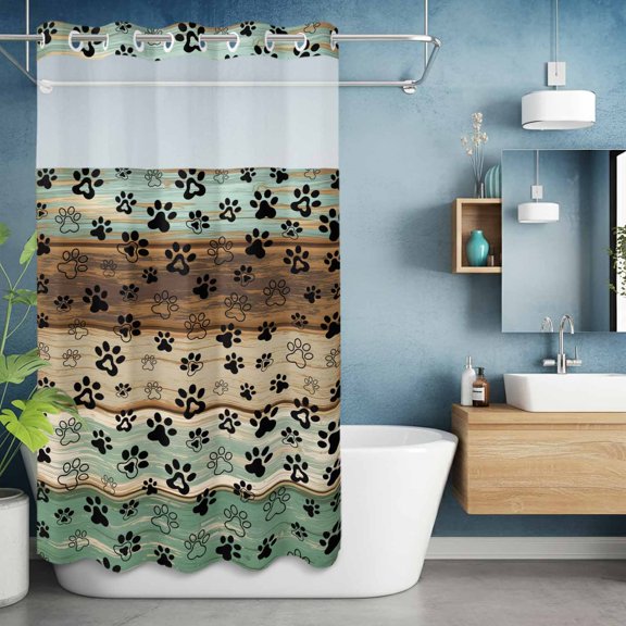 No Hook Shower Curtain with Snap in Liner, Cute Animal Footprints on Wood Plank Waterproof Bath Curtain Double Layers with See Through Top Window, Farmhouse Wooden Board Hotel Shower Curtains 36x72in