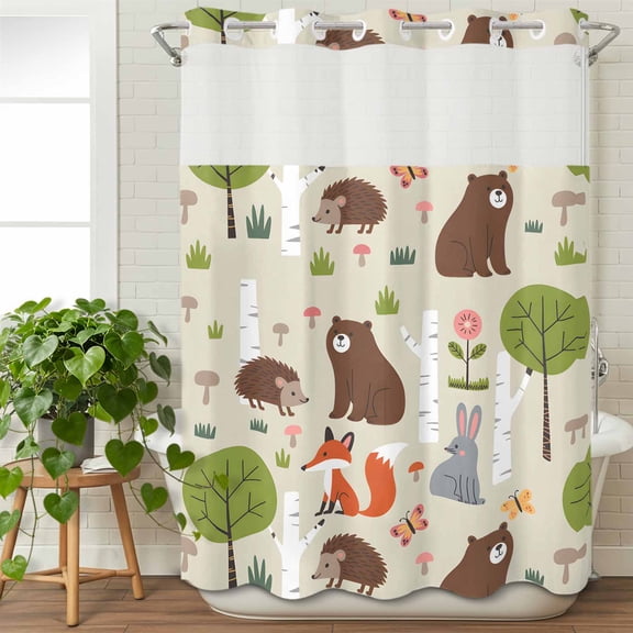 No Hook Shower Curtain with Snap in Liner, Cute Bear Hedgehog Fox Waterproof Fabric Bathroom Curtain Mesh Top Window, Cartoon Tree Wild Flower Shower Curtains 48x72in