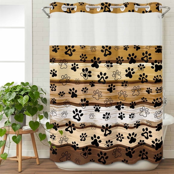 No Hook Shower Curtain with Snap in Liner, Cute Dog Paw Print Farm Wood Board Waterproof Fabric Bathroom Curtain Mesh Top Window, Pet Footprint Shadow Shower Curtains 48x72in