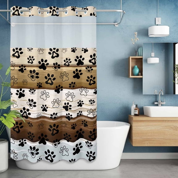 No Hook Shower Curtain with Snap in Liner, Cute Dog Paw Print Farm Wood Board Waterproof Fabric Bathroom Curtain Mesh Top Window, Pet Footprints Shadow Shower Curtains 36x72in