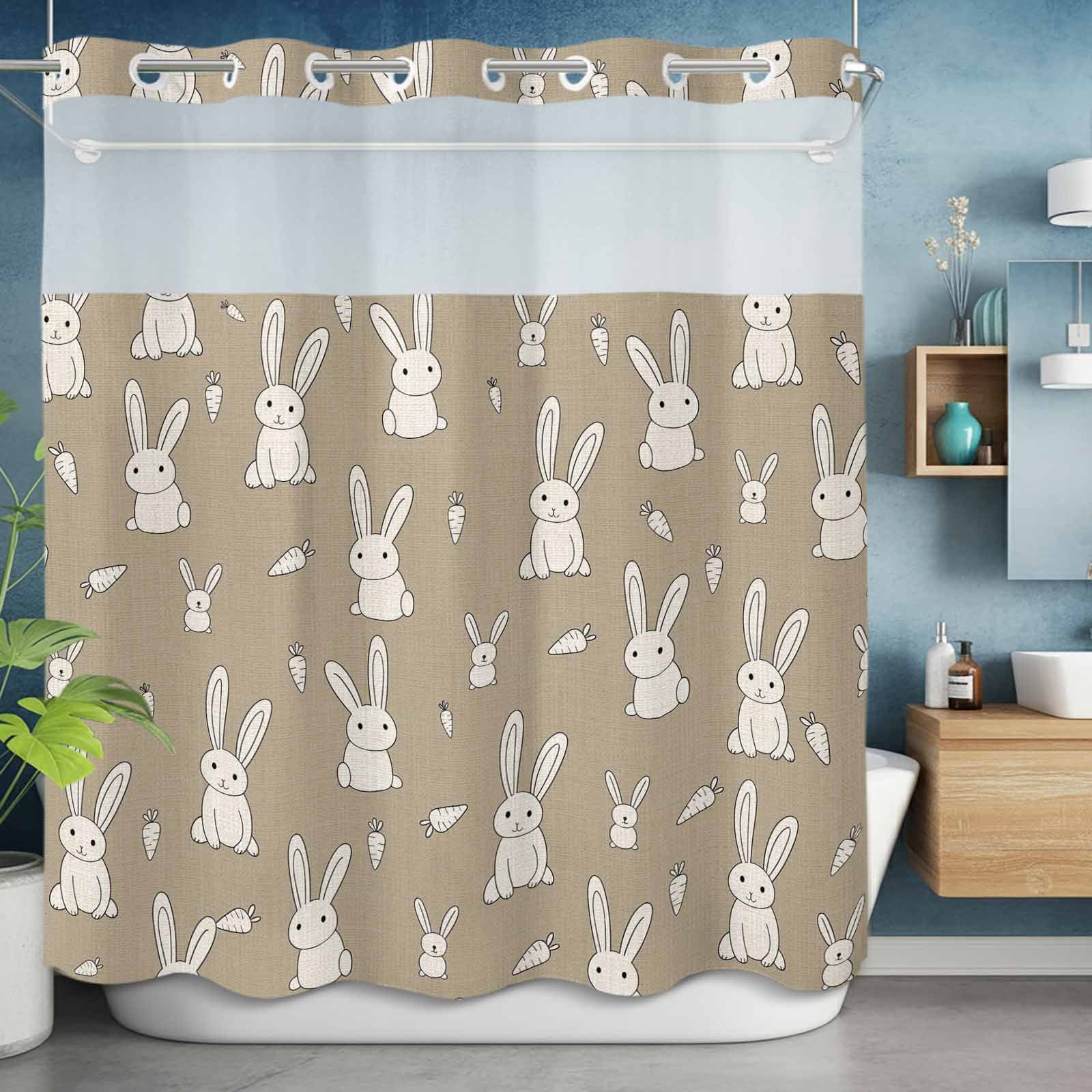 No Hook Shower Curtain with Snap in Liner, Cute Rabbit Farm Bunny on ...