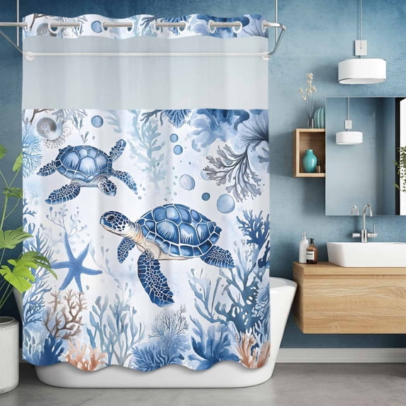 No Hook Shower Curtain with Snap in Liner, Cute Sea Turtle Coral Starfish Waterproof Bath Curtain Double Layers with See Through Top Window, Blue Ocean World Marine Life Hotel Shower Curtains 60x72in